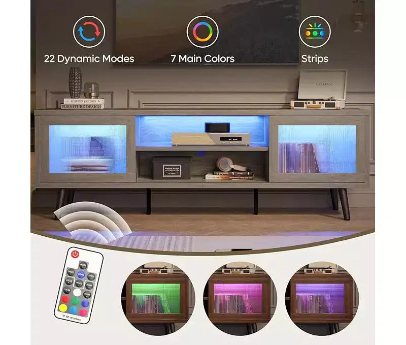 Meuble TV moderne 160 cm avec lumières LED et gestion des câbles – Convient aux téléviseurs jusqu'à 75"