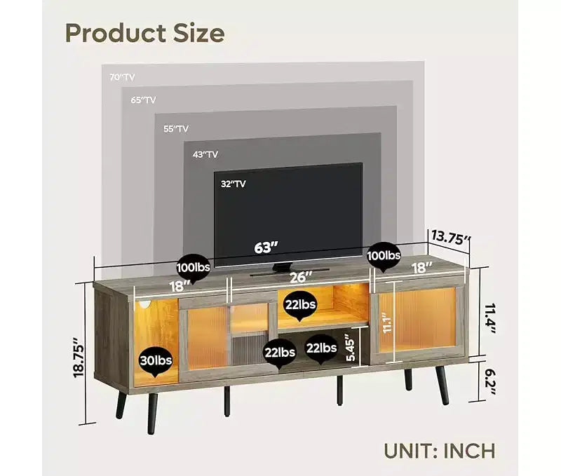 Meuble TV moderne 160 cm avec lumières LED et gestion des câbles – Convient aux téléviseurs jusqu'à 75"