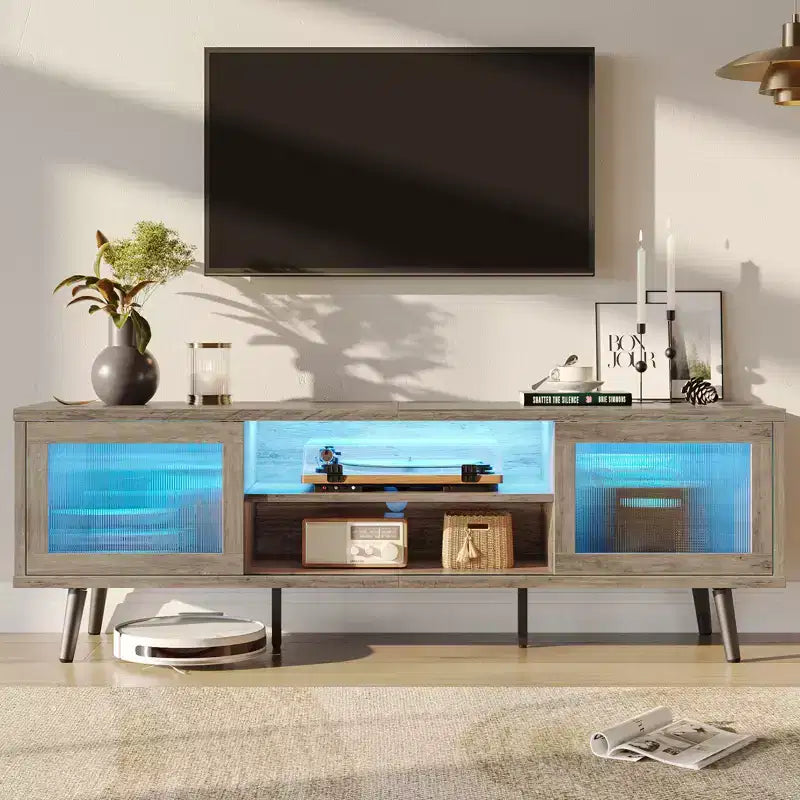 Meuble TV moderne 160 cm avec lumières LED et gestion des câbles – Convient aux téléviseurs jusqu'à 75"
