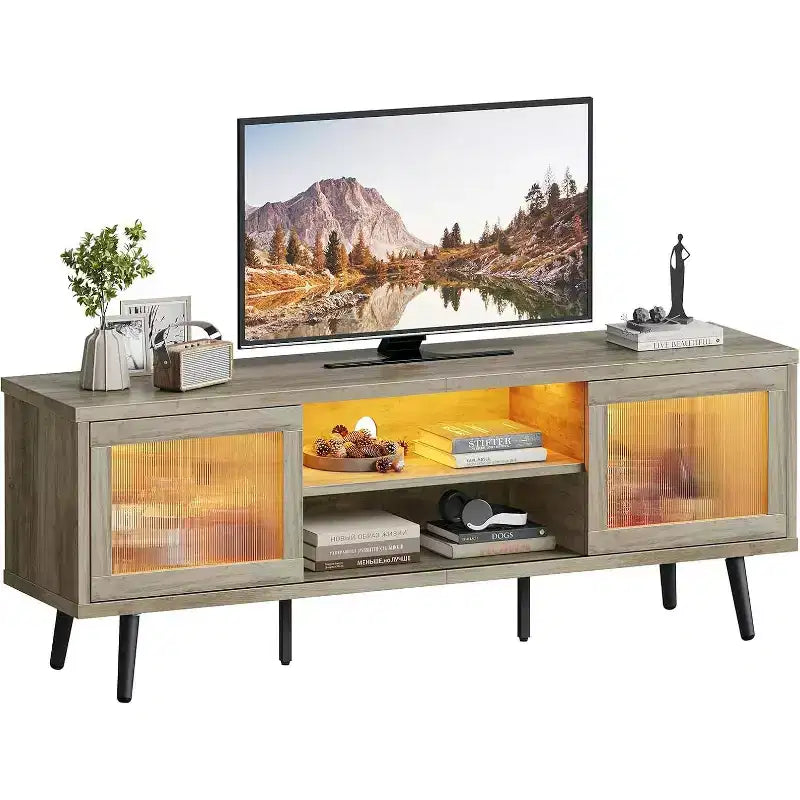 Meuble TV moderne 160 cm avec lumières LED et gestion des câbles – Convient aux téléviseurs jusqu'à 75"