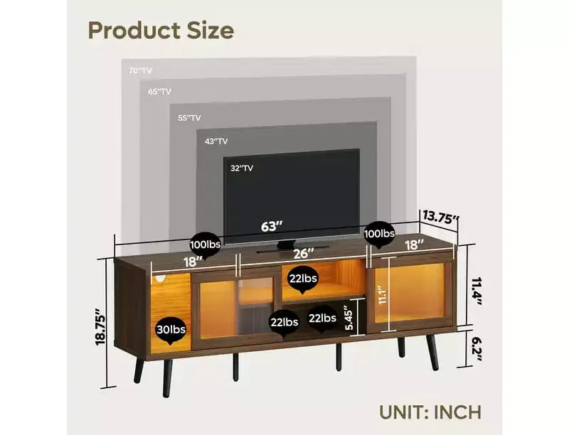 Meuble TV moderne 160 cm avec lumières LED et gestion des câbles – Convient aux téléviseurs jusqu'à 75"