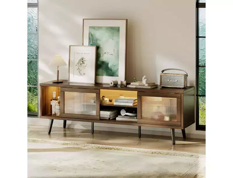 Meuble TV moderne 160 cm avec lumières LED et gestion des câbles – Convient aux téléviseurs jusqu'à 75"