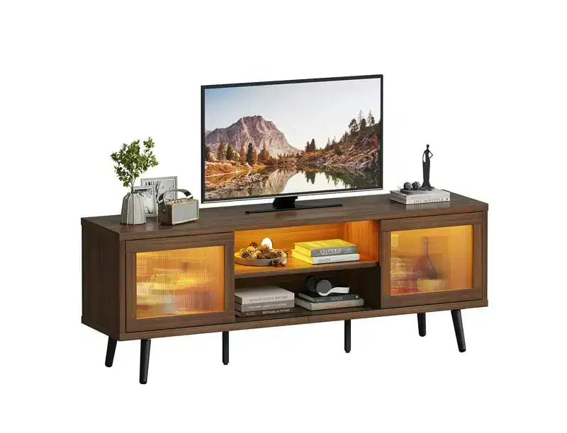 Meuble TV moderne 160 cm avec lumières LED et gestion des câbles – Convient aux téléviseurs jusqu'à 75"