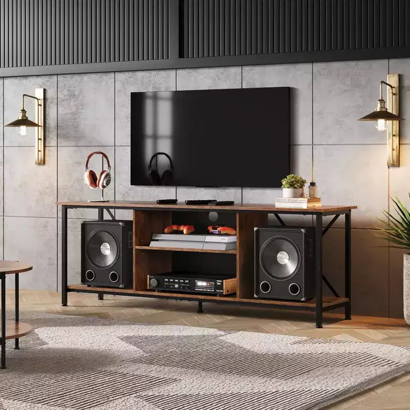Meuble TV industriel rustique pour téléviseurs de 55 à 65 pouces avec rangement et gestion des câbles