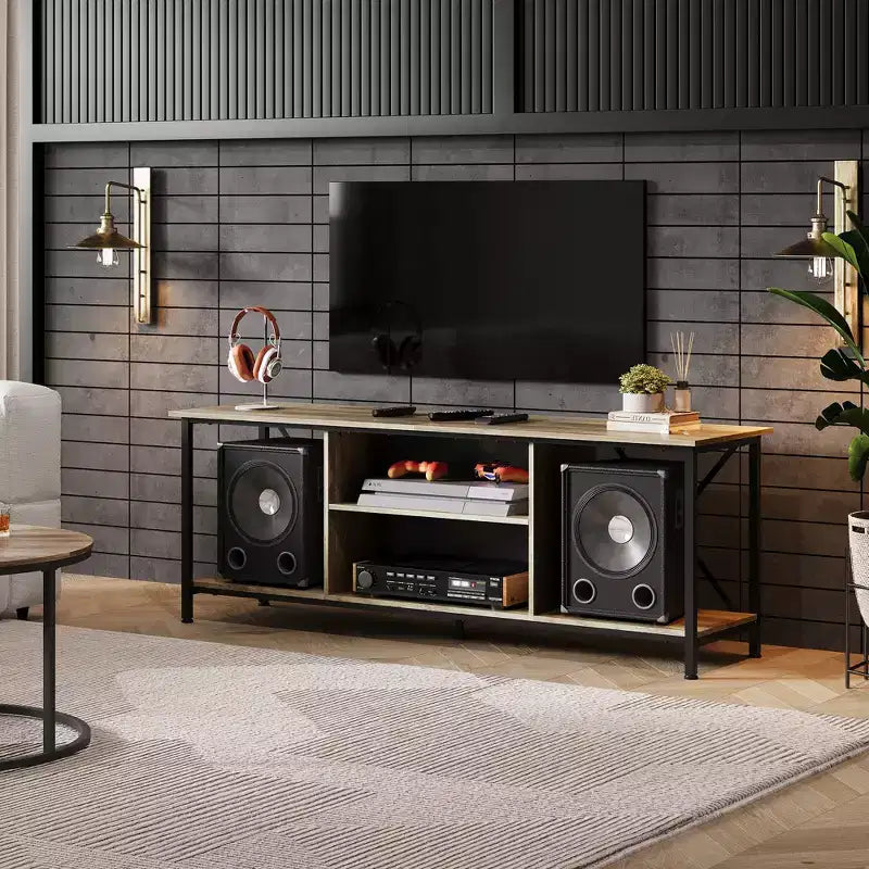 Meuble TV industriel rustique pour téléviseurs de 55 à 65 pouces avec rangement et gestion des câbles