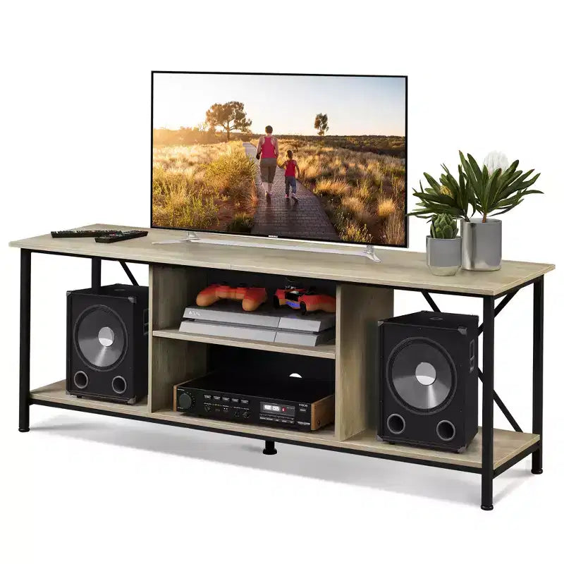 Meuble TV industriel rustique pour téléviseurs de 55 à 65 pouces avec rangement et gestion des câbles