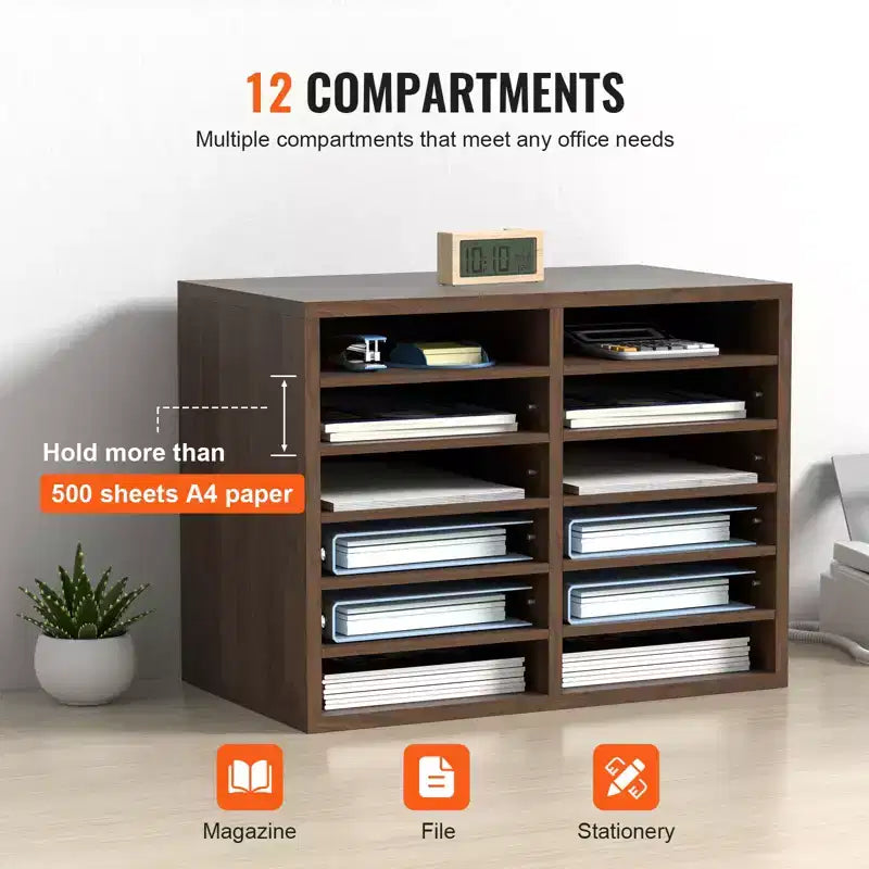 Organisateur de documents et boîte de courrier de bureau en bois à 12 compartiments avec étagères réglables