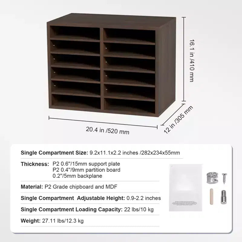 Organisateur de documents et boîte de courrier de bureau en bois à 12 compartiments avec étagères réglables
