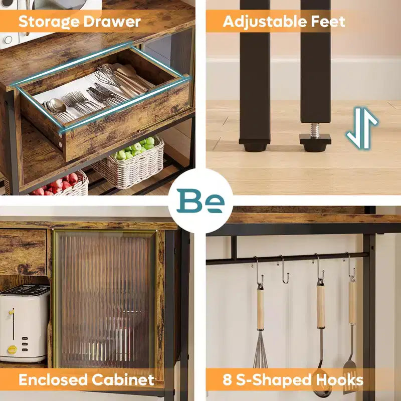 Étagère de cuisine de 60 po avec lumière DEL, 6 niveaux, tiroir, armoire et 8 crochets