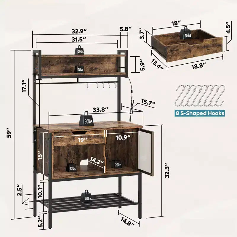 Étagère de cuisine de 60 po avec lumière DEL, 6 niveaux, tiroir, armoire et 8 crochets