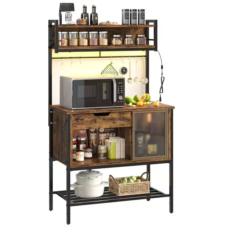 Étagère de cuisine de 60 po avec lumière DEL, 6 niveaux, tiroir, armoire et 8 crochets