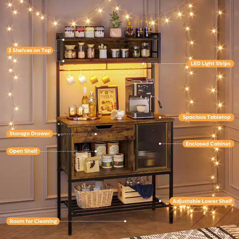 Étagère de cuisine de 60 po avec lumière DEL, 6 niveaux, tiroir, armoire et 8 crochets