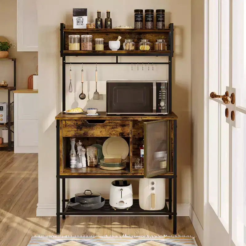 Étagère de cuisine de 60 po avec lumière DEL, 6 niveaux, tiroir, armoire et 8 crochets