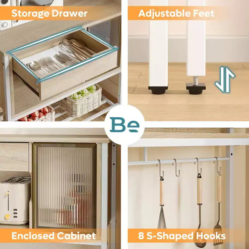 Étagère de cuisine de 60 po avec lumière DEL, 6 niveaux, tiroir, armoire et 8 crochets