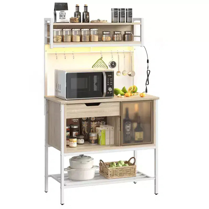 Étagère de cuisine de 60 po avec lumière DEL, 6 niveaux, tiroir, armoire et 8 crochets