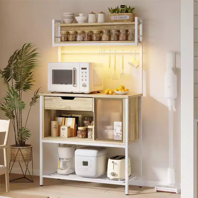 Étagère de cuisine de 60 po avec lumière DEL, 6 niveaux, tiroir, armoire et 8 crochets