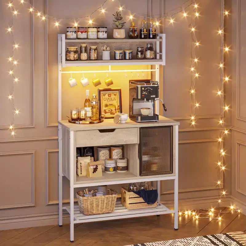 Étagère de cuisine de 60 po avec lumière DEL, 6 niveaux, tiroir, armoire et 8 crochets
