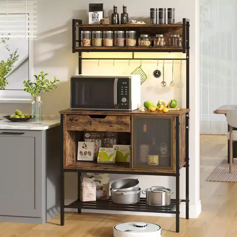 Étagère de cuisine de 60 po avec lumière DEL, 6 niveaux, tiroir, armoire et 8 crochets