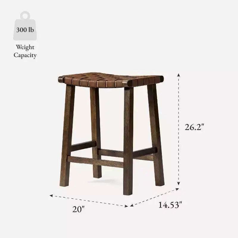 Tabouret de comptoir sans dossier avec assise en similicuir tressé à la main – Hauteur 63,5 cm
