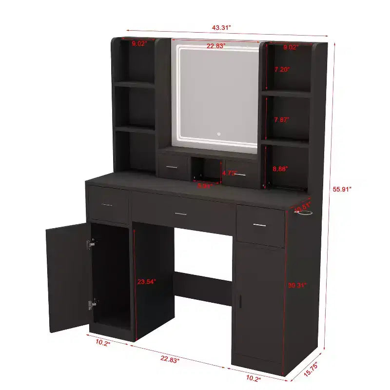 Coiffeuse avec lumières LED, 5 tiroirs, 6 étagères et coussin d'assise