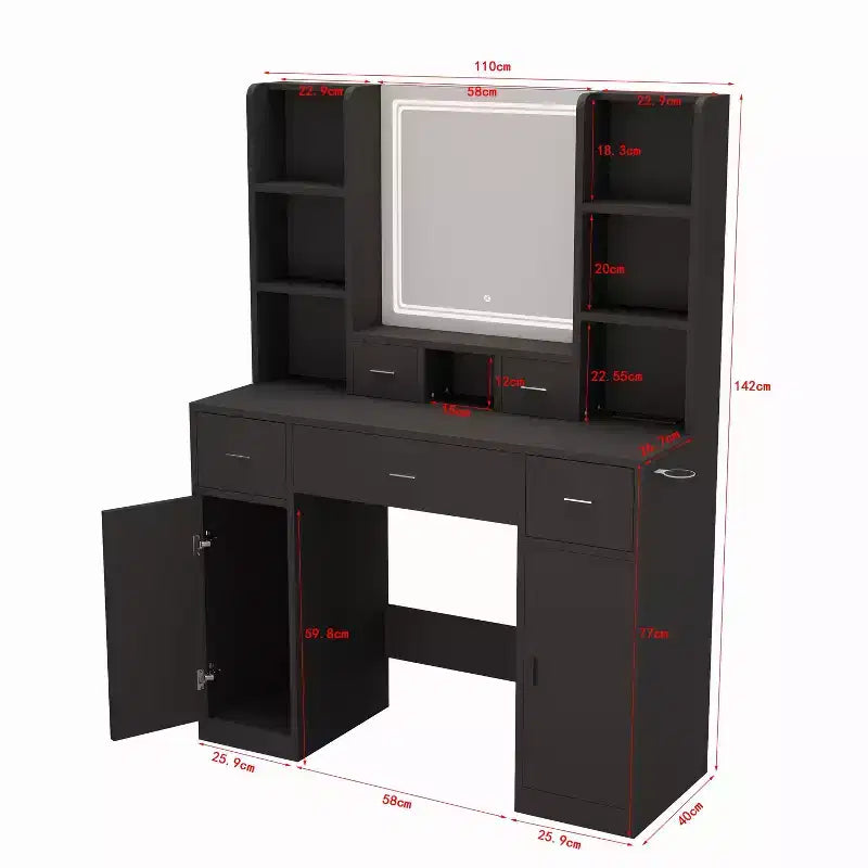 Coiffeuse avec lumières LED, 5 tiroirs, 6 étagères et coussin d'assise