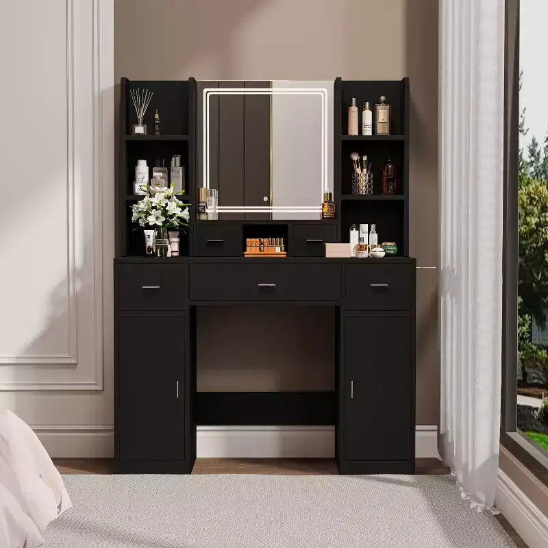 Coiffeuse avec lumières LED, 5 tiroirs, 6 étagères et coussin d'assise