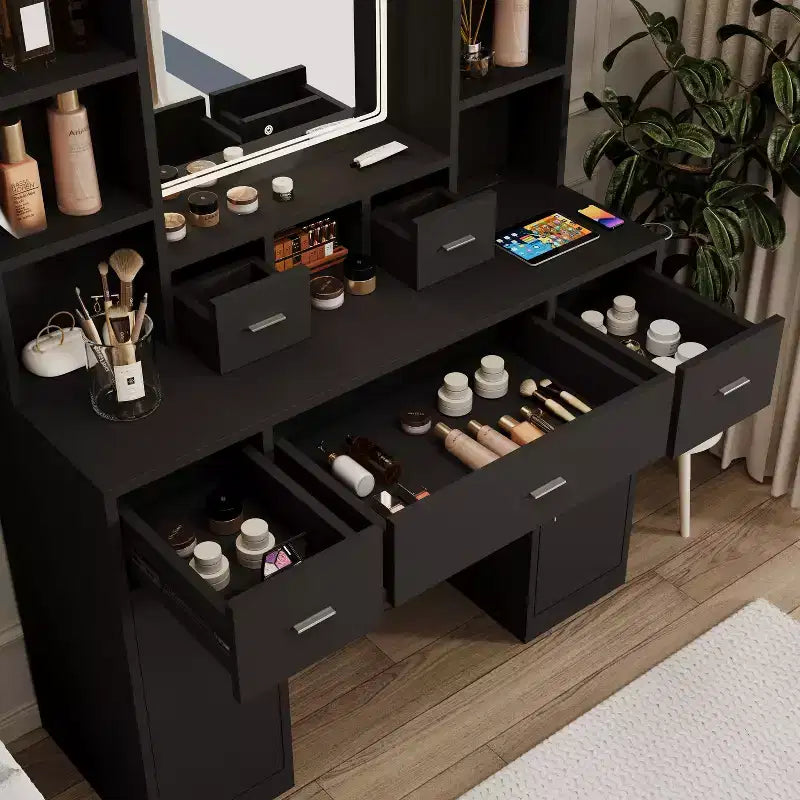 Coiffeuse avec lumières LED, 5 tiroirs, 6 étagères et coussin d'assise