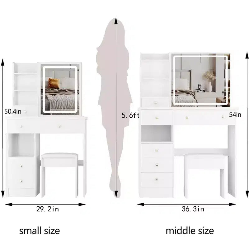 Coiffeuse de 94 cm avec miroir coulissant à LED et tabouret rembourré – Blanc