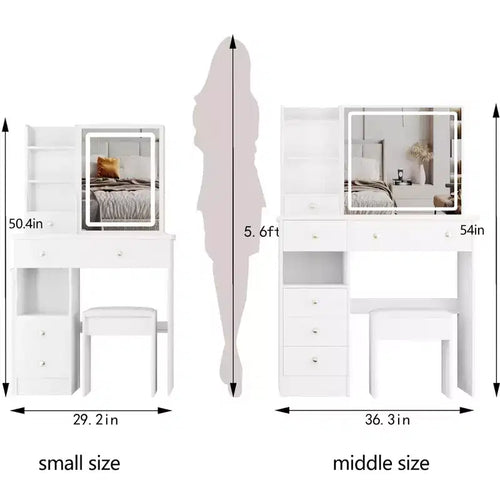 Coiffeuse de 94 cm avec miroir coulissant à LED et tabouret rembourré – Blanc