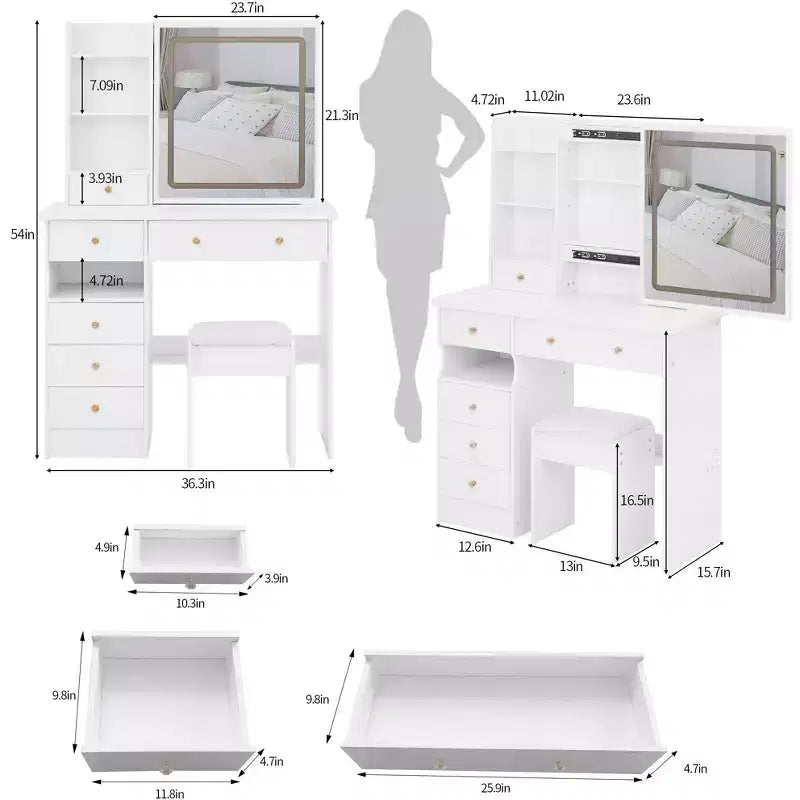 Coiffeuse de 94 cm avec miroir coulissant à LED et tabouret rembourré – Blanc