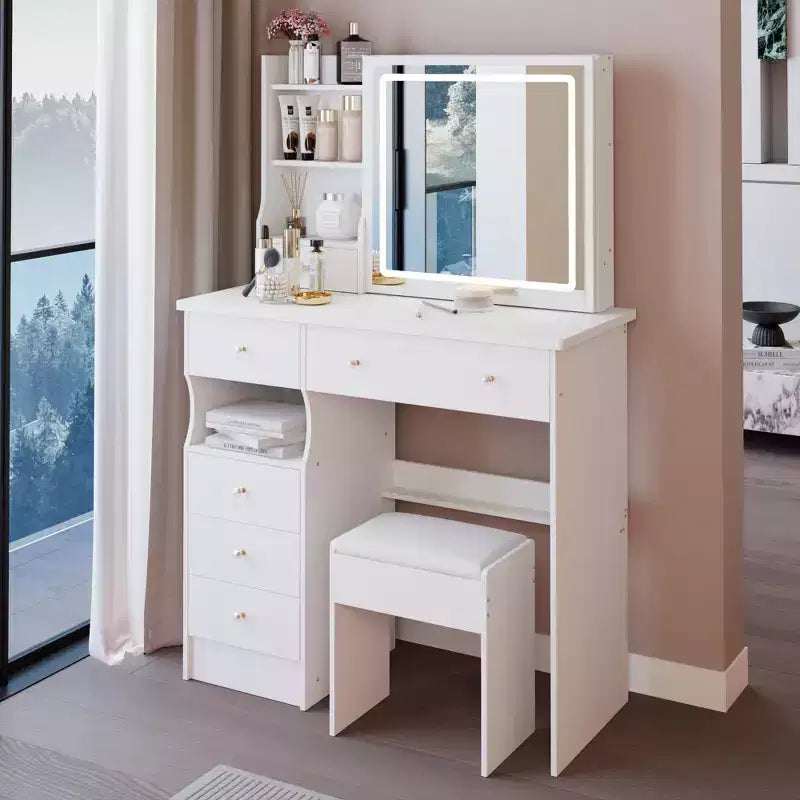 Coiffeuse de 94 cm avec miroir coulissant à LED et tabouret rembourré – Blanc
