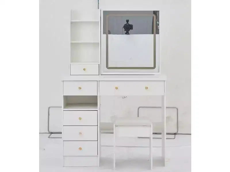 Coiffeuse de 94 cm avec miroir coulissant à LED et tabouret rembourré – Blanc