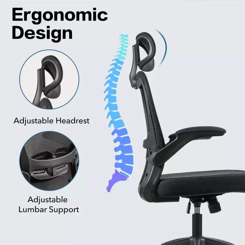 Chaise de bureau ergonomique en maille avec appui-tête, support lombaire et accoudoirs relevables