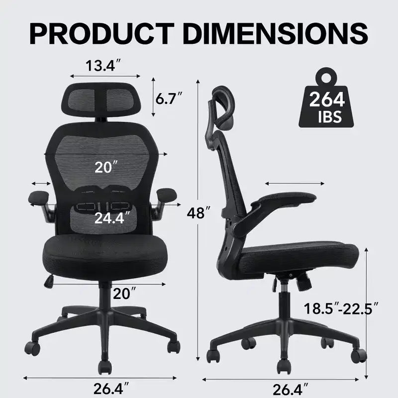 Chaise de bureau ergonomique en maille avec appui-tête, support lombaire et accoudoirs relevables