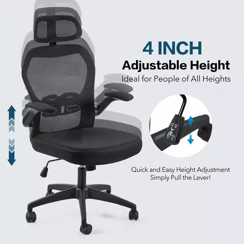 Chaise de bureau ergonomique en maille avec appui-tête, support lombaire et accoudoirs relevables