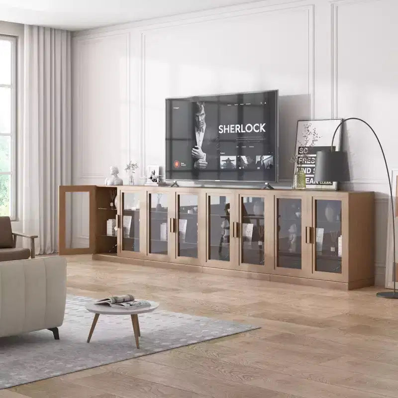 Meuble d'appoint en bois avec portes vitrées et étagères réglables – Grand 157 cm de large