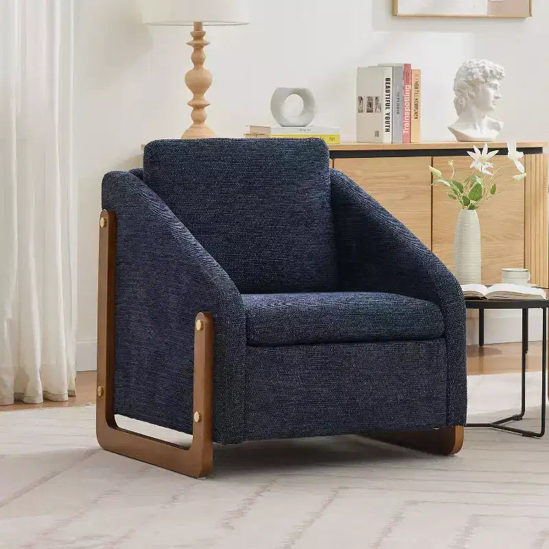 Fauteuil d'appoint moderne en chenille avec cadre latéral en bois et assise coussinée