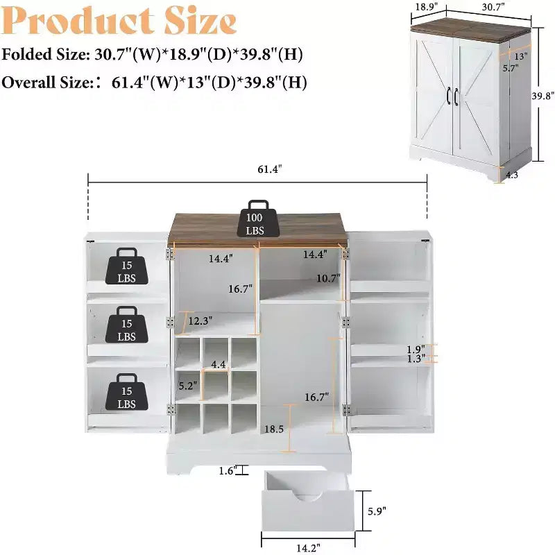 Meuble Bar de Ferme de 155 cm avec 9 Porte-bouteilles et Dessus Rabattable – Blanc Rustique