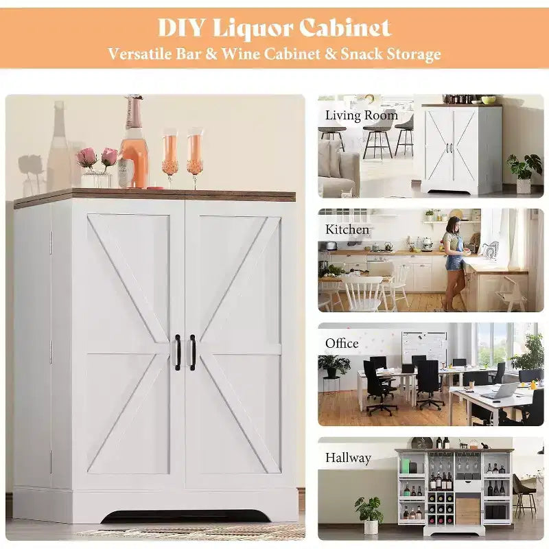 Meuble Bar de Ferme de 155 cm avec 9 Porte-bouteilles et Dessus Rabattable – Blanc Rustique
