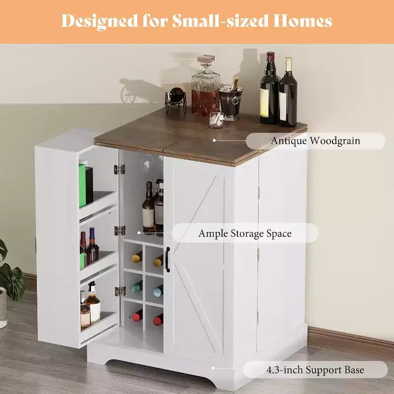 Meuble Bar de Ferme de 155 cm avec 9 Porte-bouteilles et Dessus Rabattable – Blanc Rustique