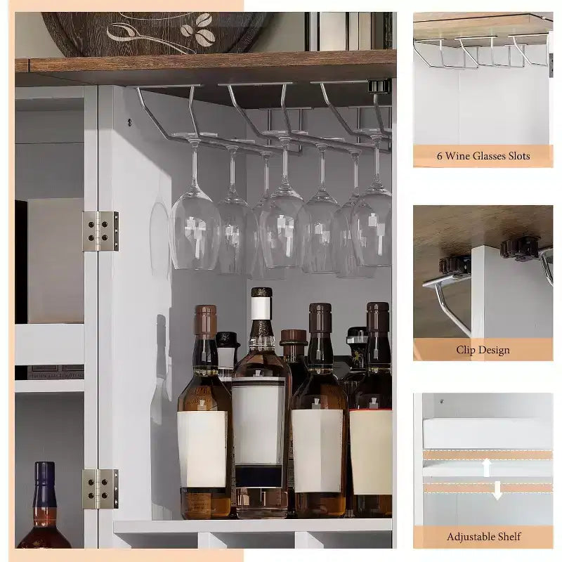 Meuble Bar de Ferme de 155 cm avec 9 Porte-bouteilles et Dessus Rabattable – Blanc Rustique