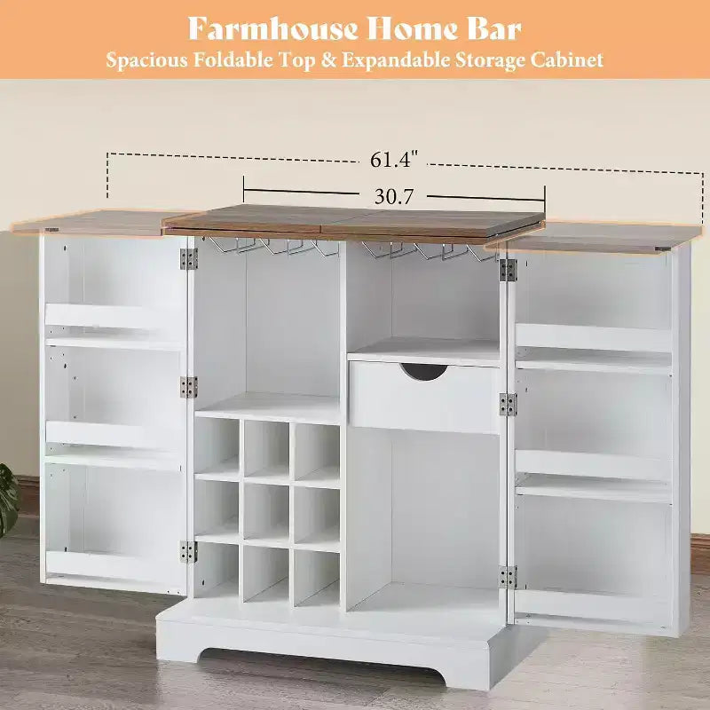 Meuble Bar de Ferme de 155 cm avec 9 Porte-bouteilles et Dessus Rabattable – Blanc Rustique