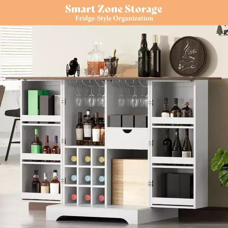 Meuble Bar de Ferme de 155 cm avec 9 Porte-bouteilles et Dessus Rabattable – Blanc Rustique