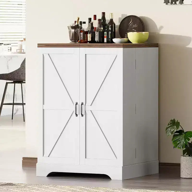 Meuble Bar de Ferme de 155 cm avec 9 Porte-bouteilles et Dessus Rabattable – Blanc Rustique