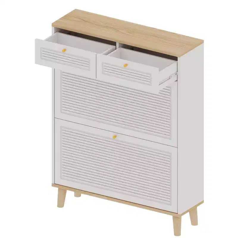 Meuble à chaussures autoportant en bois à portes basculantes avec étagère réglable et 2 tiroirs