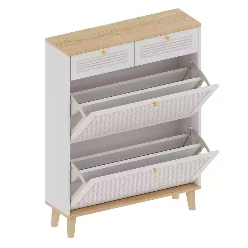 Meuble à chaussures autoportant en bois à portes basculantes avec étagère réglable et 2 tiroirs