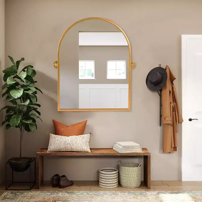 Miroir mural pivotant cintré 31x24" – Cadre en fer doré