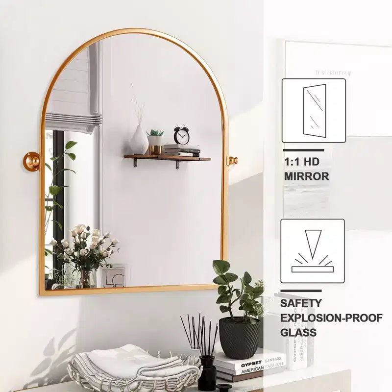 Miroir mural pivotant cintré 31x24" – Cadre en fer doré