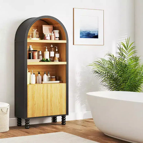 Bibliothèque arquée à 5 niveaux avec étagères ouvertes et armoire