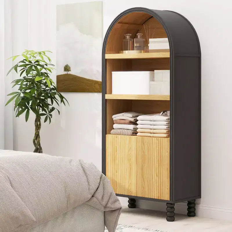 Bibliothèque arquée à 5 niveaux avec étagères ouvertes et armoire